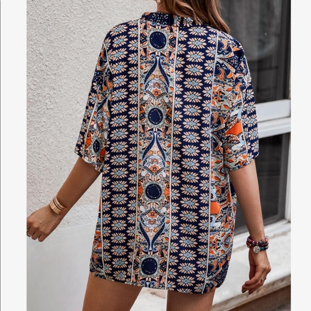Boho Floral Paisley Print Open Front Kimono Top Shirt Blouse Shorts Set PINK - Picture 10 of 14